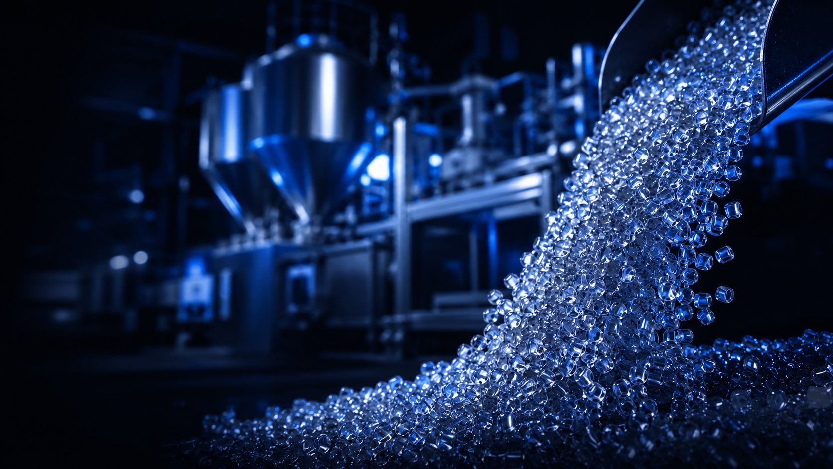 Pure polymer resin granules pouring at a Polyazin production line, with extrusion silos and factory machinery in the background